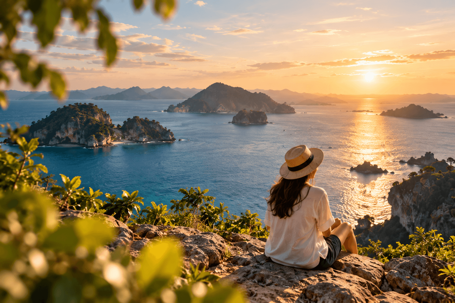 Wisatawan menikmati pemandangan kepulauan saat matahari terbenam.